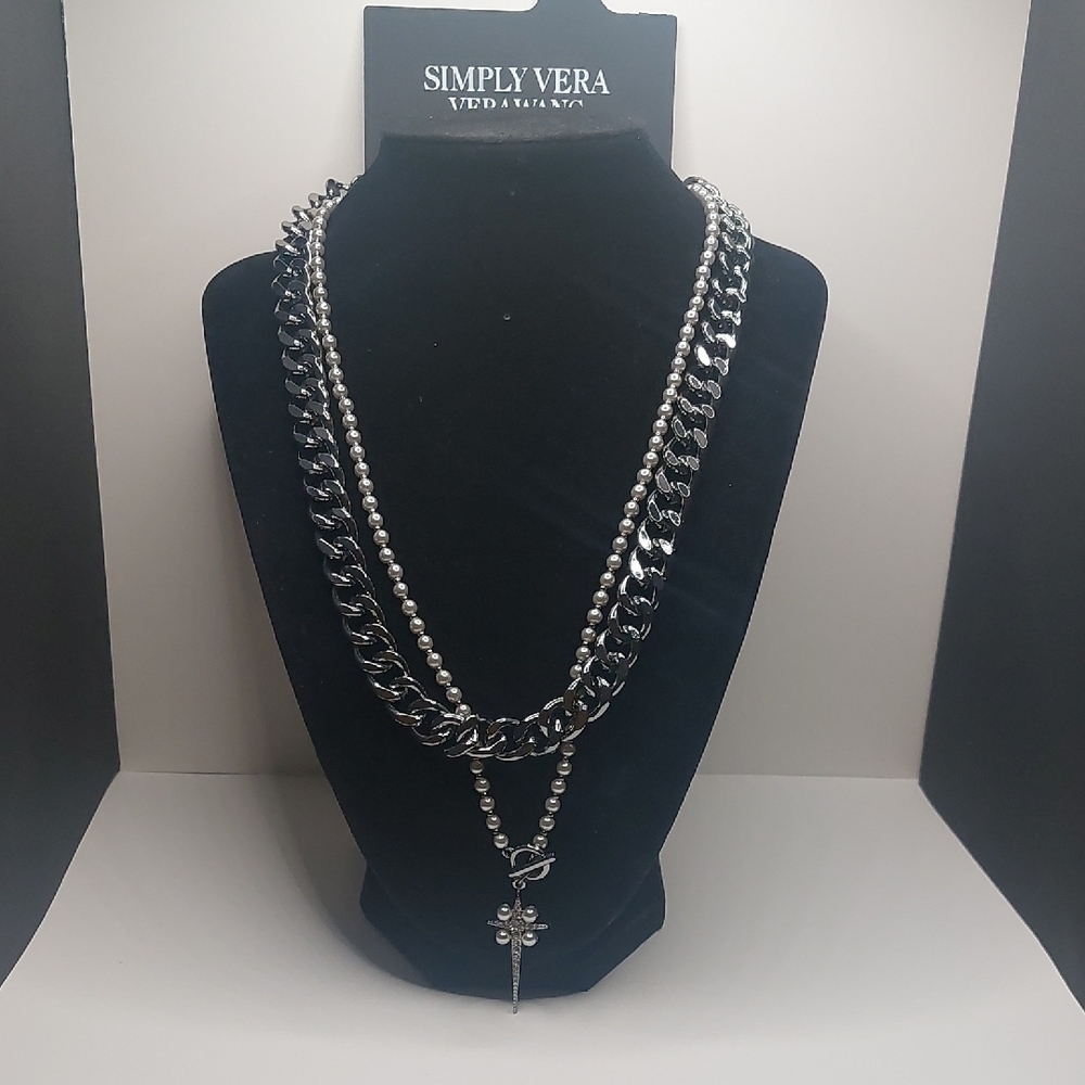 Simply Vera Simulated Pearl & Crystal Elongated Star Double Strand Necklace